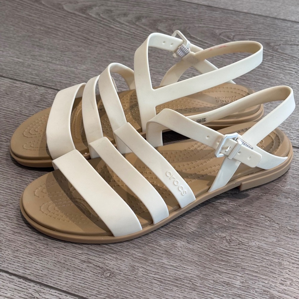 Crocs Tulum Strappy Sandals Womens 7 White Tan Ankle Strap Flat Comfort 206107